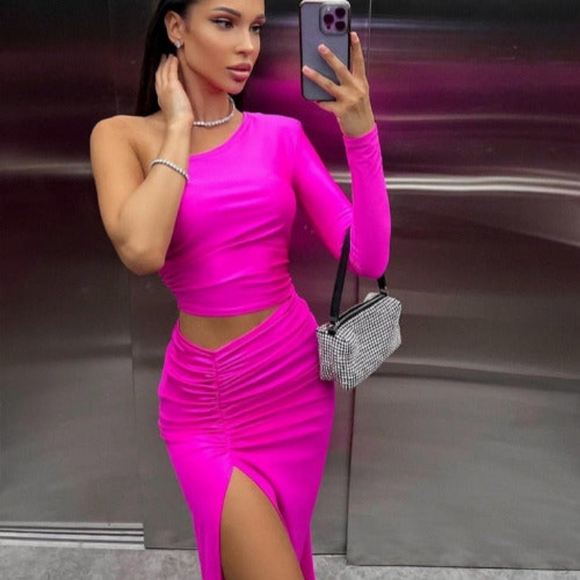 2023 Fashion Trends | Hot Pink One Shoulder Cut Out Pleated Dress - Picture 1 of 2